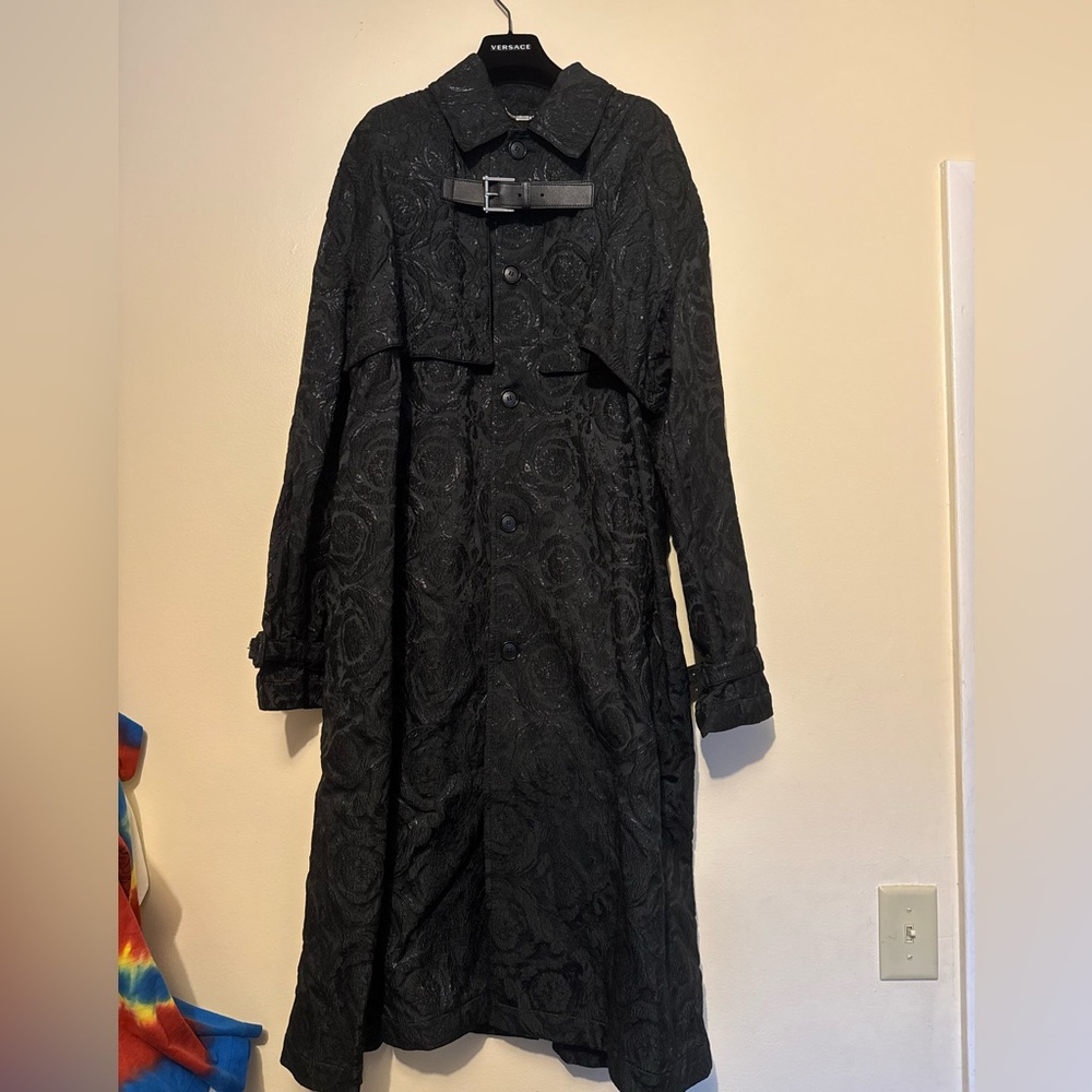 Runway Versace Black Barocco Trench Coat with leather buckle strap $5500